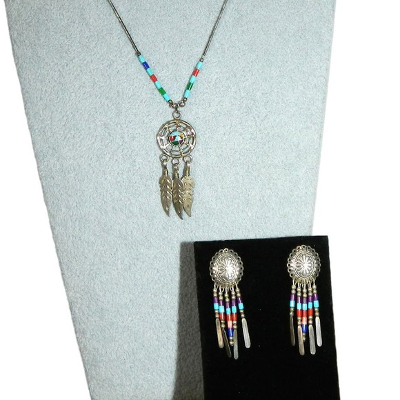 Navajo Pierced Earrings Necklace Set Sterling Silver Turquoise Vintage - Picture 1 of 14